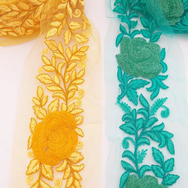 Orange Yellow Soft Net Fabric Lace Trim with Floral Embroidery, Lace Trim, Sari Border